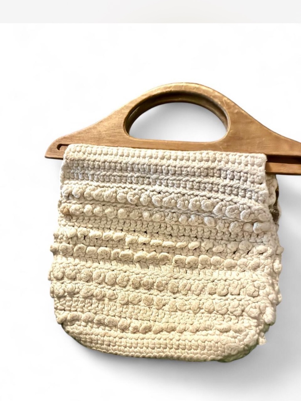 Hand-Crocheted Cream Tote Bag with Wooden Handles